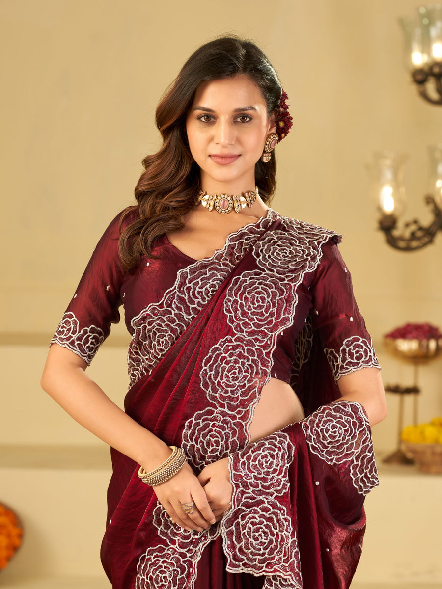 Wine Fendy Satin Saree with White Floral Embroidery Border | Designer Party Wear Saree with Blouse