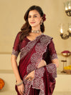 Wine Fendy Satin Saree with White Floral Embroidery Border | Designer Party Wear Saree with Blouse