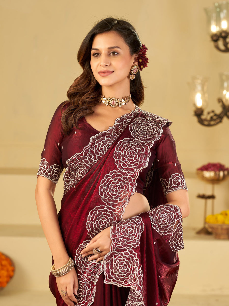 Wine Fendy Satin Saree with White Floral Embroidery Border | Designer Party Wear Saree with Blouse