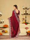 Wine Fendy Satin Saree with White Floral Embroidery Border | Designer Party Wear Saree with Blouse