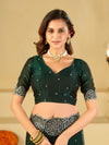 Bottle Green Fendy Satin Saree with White Floral Embroidery Border | Designer Party Wear Saree with Blouse