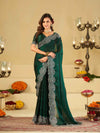 Bottle Green Fendy Satin Saree with White Floral Embroidery Border | Designer Party Wear Saree with Blouse