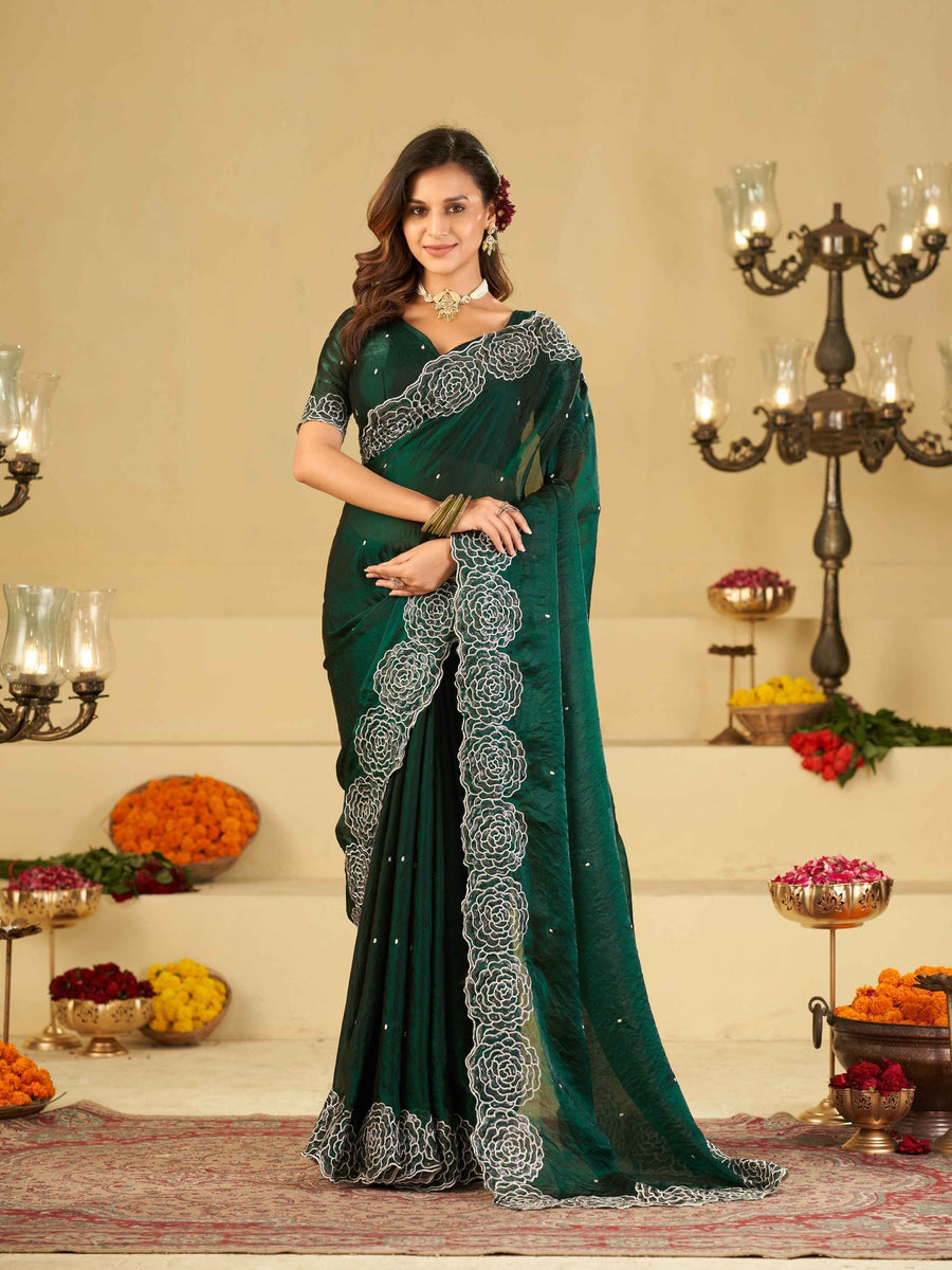 Bottle Green Fendy Satin Saree with White Floral Embroidery Border | Designer Party Wear Saree with Blouse