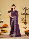 Royal Purple Fendy Satin Saree with White Floral Embroidery Border | Designer Party Wear Saree with Blouse