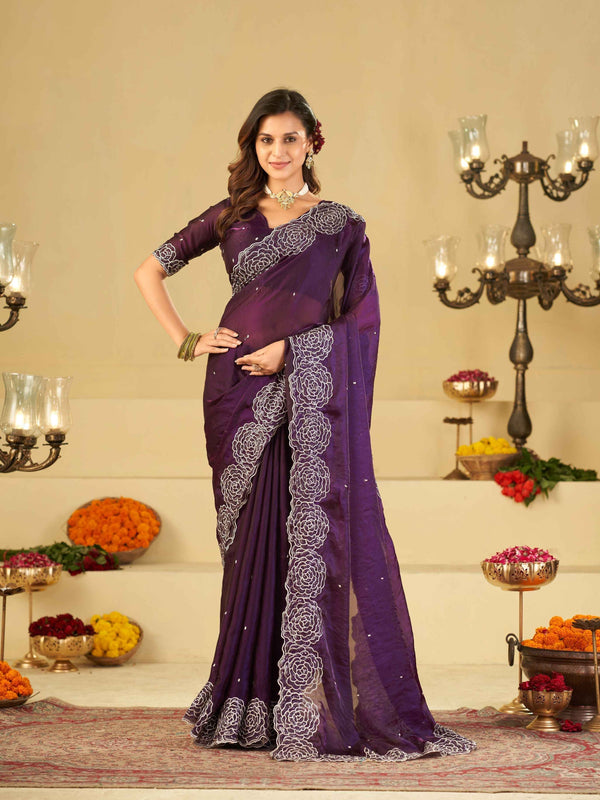 Royal Purple Fendy Satin Saree with White Floral Embroidery Border | Designer Party Wear Saree with Blouse