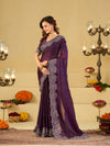 Royal Purple Fendy Satin Saree with White Floral Embroidery Border | Designer Party Wear Saree with Blouse