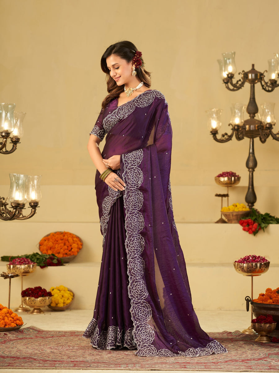 Royal Purple Fendy Satin Saree with White Floral Embroidery Border | Designer Party Wear Saree with Blouse