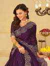 Royal Purple Fendy Satin Saree with White Floral Embroidery Border | Designer Party Wear Saree with Blouse