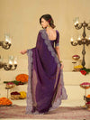 Royal Purple Fendy Satin Saree with White Floral Embroidery Border | Designer Party Wear Saree with Blouse