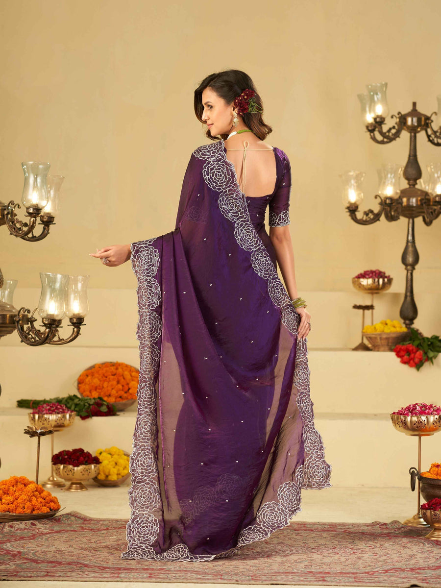 Royal Purple Fendy Satin Saree with White Floral Embroidery Border | Designer Party Wear Saree with Blouse