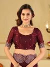 Wine Fendy Satin Saree with White Floral Embroidery Border | Designer Party Wear Saree with Blouse