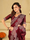 Wine Fendy Satin Saree with White Floral Embroidery Border | Designer Party Wear Saree with Blouse