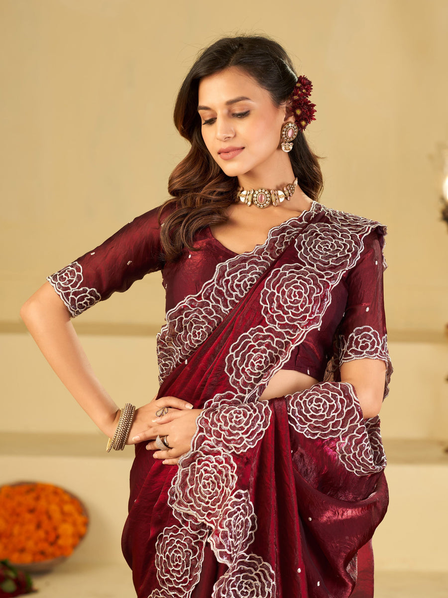 Wine Fendy Satin Saree with White Floral Embroidery Border | Designer Party Wear Saree with Blouse