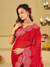 Ruby Red Fendy Satin Saree with White Floral Embroidery Border | Designer Party Wear Saree with Matching Blouse