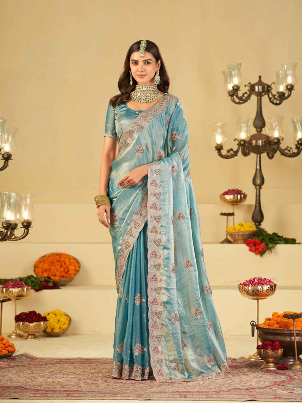 Sky Blue Designer Fendy Satin Saree with Heavy Embroidered Border | Festive Party Wear Saree with Intricate Embroidery & Matching Blouse