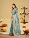 Sky Blue Designer Fendy Satin Saree with Heavy Embroidered Border | Festive Party Wear Saree with Intricate Embroidery & Matching Blouse