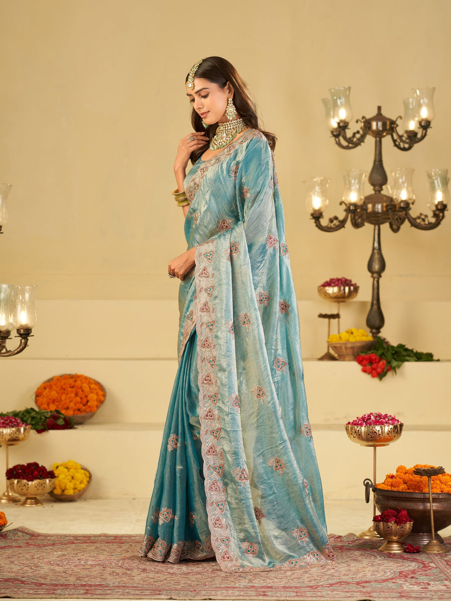 Sky Blue Designer Fendy Satin Saree with Heavy Embroidered Border | Festive Party Wear Saree with Intricate Embroidery & Matching Blouse