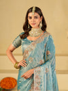 Sky Blue Designer Fendy Satin Saree with Heavy Embroidered Border | Festive Party Wear Saree with Intricate Embroidery & Matching Blouse