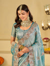 Sky Blue Designer Fendy Satin Saree with Heavy Embroidered Border | Festive Party Wear Saree with Intricate Embroidery & Matching Blouse