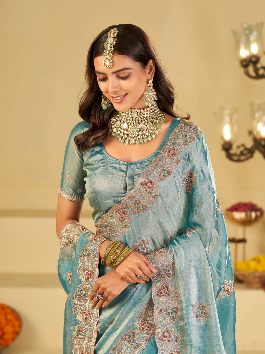 Sky Blue Designer Fendy Satin Saree with Heavy Embroidered Border | Festive Party Wear Saree with Intricate Embroidery & Matching Blouse