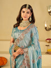 Sky Blue Designer Fendy Satin Saree with Heavy Embroidered Border | Festive Party Wear Saree with Intricate Embroidery & Matching Blouse