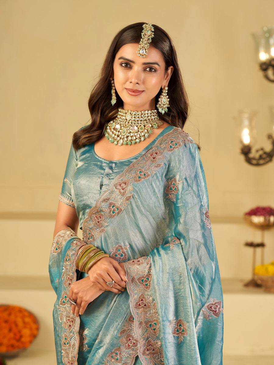 Sky Blue Designer Fendy Satin Saree with Heavy Embroidered Border | Festive Party Wear Saree with Intricate Embroidery & Matching Blouse