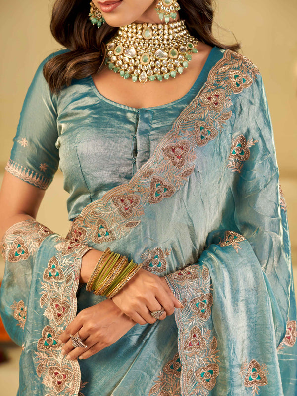 Sky Blue Designer Fendy Satin Saree with Heavy Embroidered Border | Festive Party Wear Saree with Intricate Embroidery & Matching Blouse