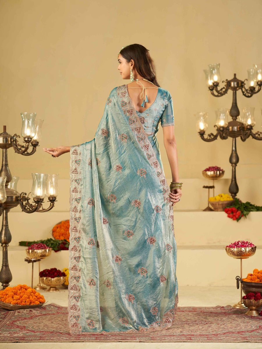 Sky Blue Designer Fendy Satin Saree with Heavy Embroidered Border | Festive Party Wear Saree with Intricate Embroidery & Matching Blouse