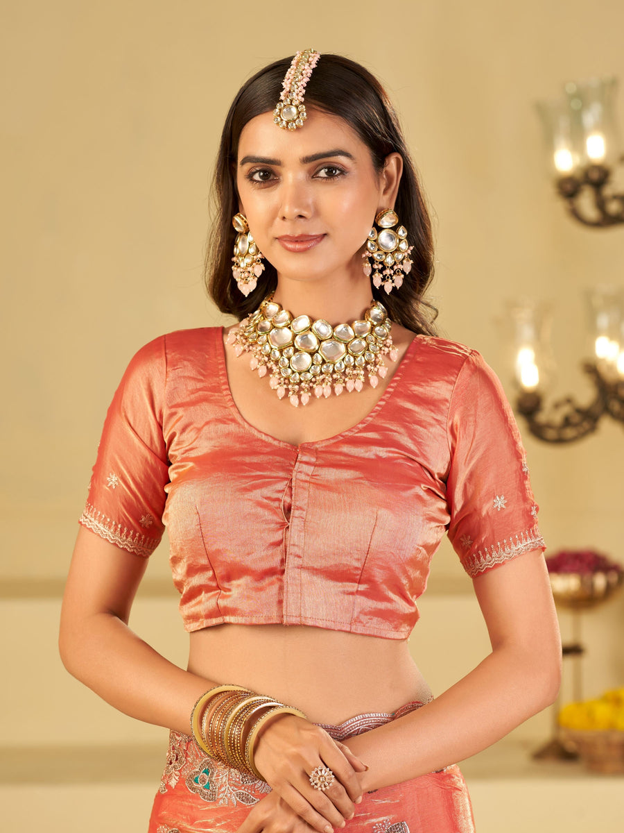 Peach Pink Designer Fendy Satin Saree with Heavy Embroidered Border | Party Wear Ethnic Saree with Intricate Embroidery & Matching Blouse