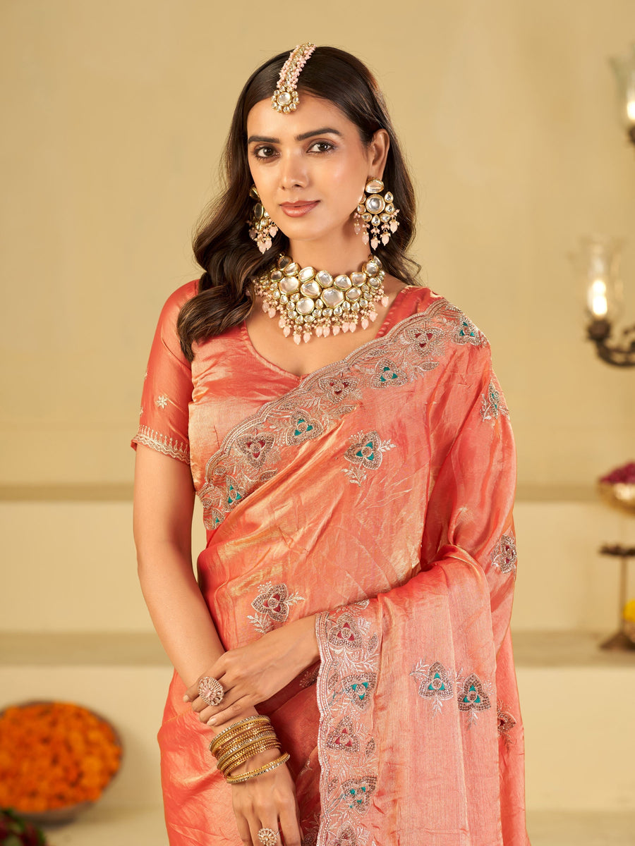 Peach Pink Designer Fendy Satin Saree with Heavy Embroidered Border | Party Wear Ethnic Saree with Intricate Embroidery & Matching Blouse