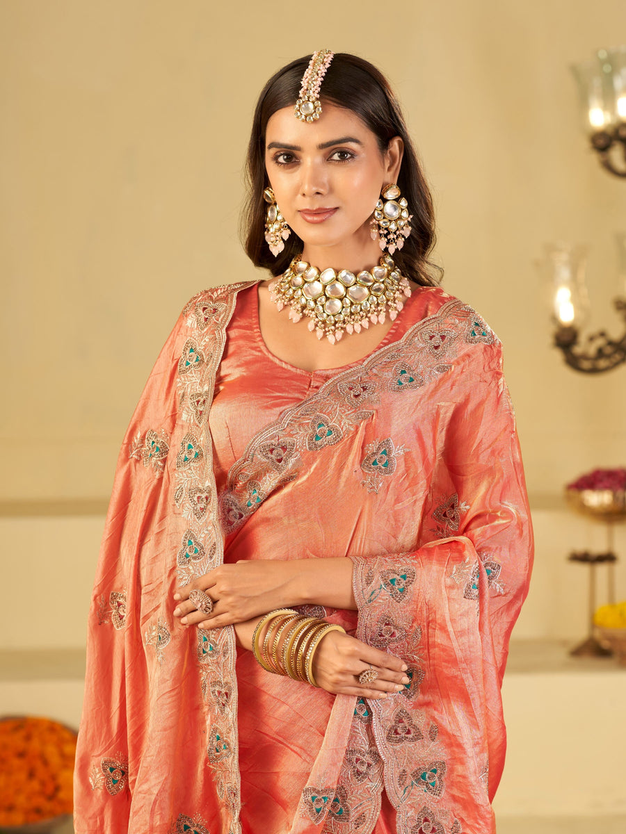 Peach Pink Designer Fendy Satin Saree with Heavy Embroidered Border | Party Wear Ethnic Saree with Intricate Embroidery & Matching Blouse