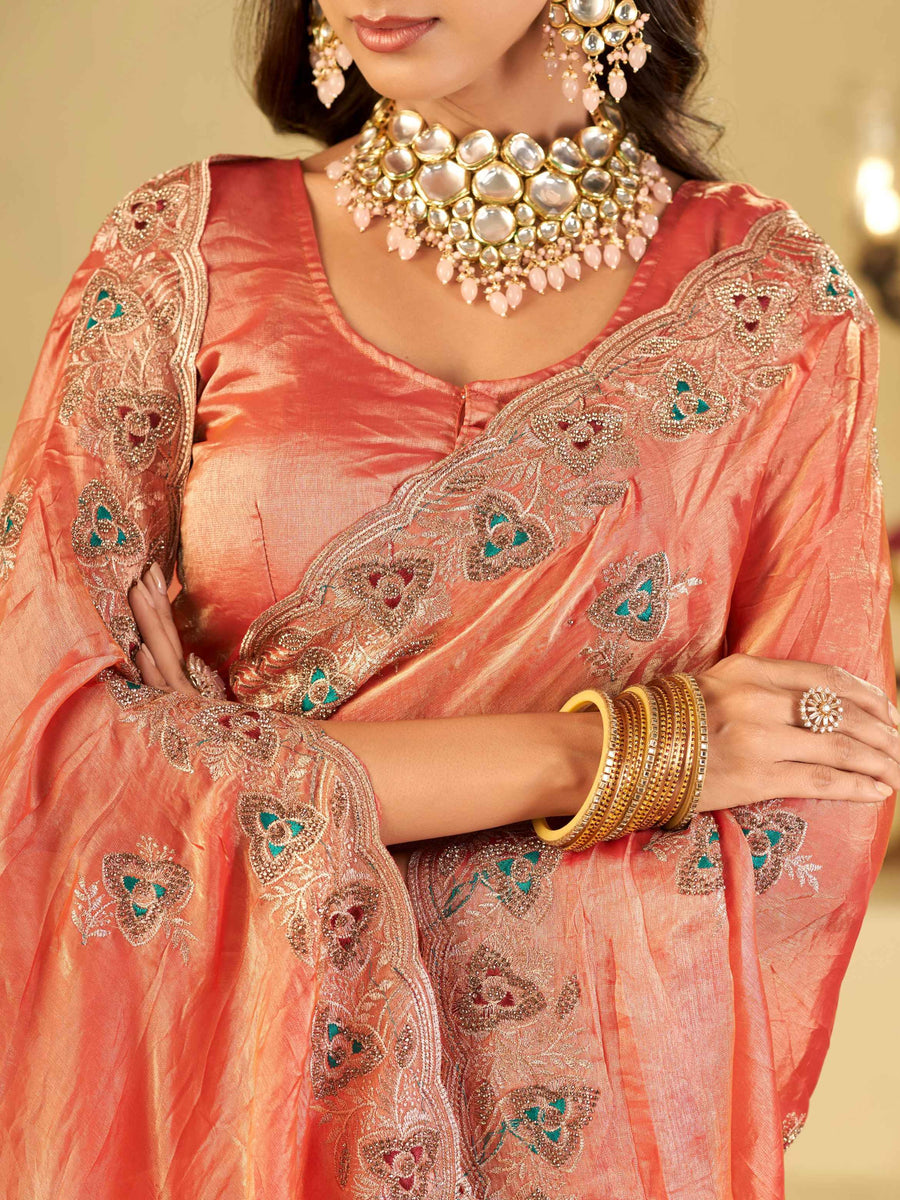 Peach Pink Designer Fendy Satin Saree with Heavy Embroidered Border | Party Wear Ethnic Saree with Intricate Embroidery & Matching Blouse