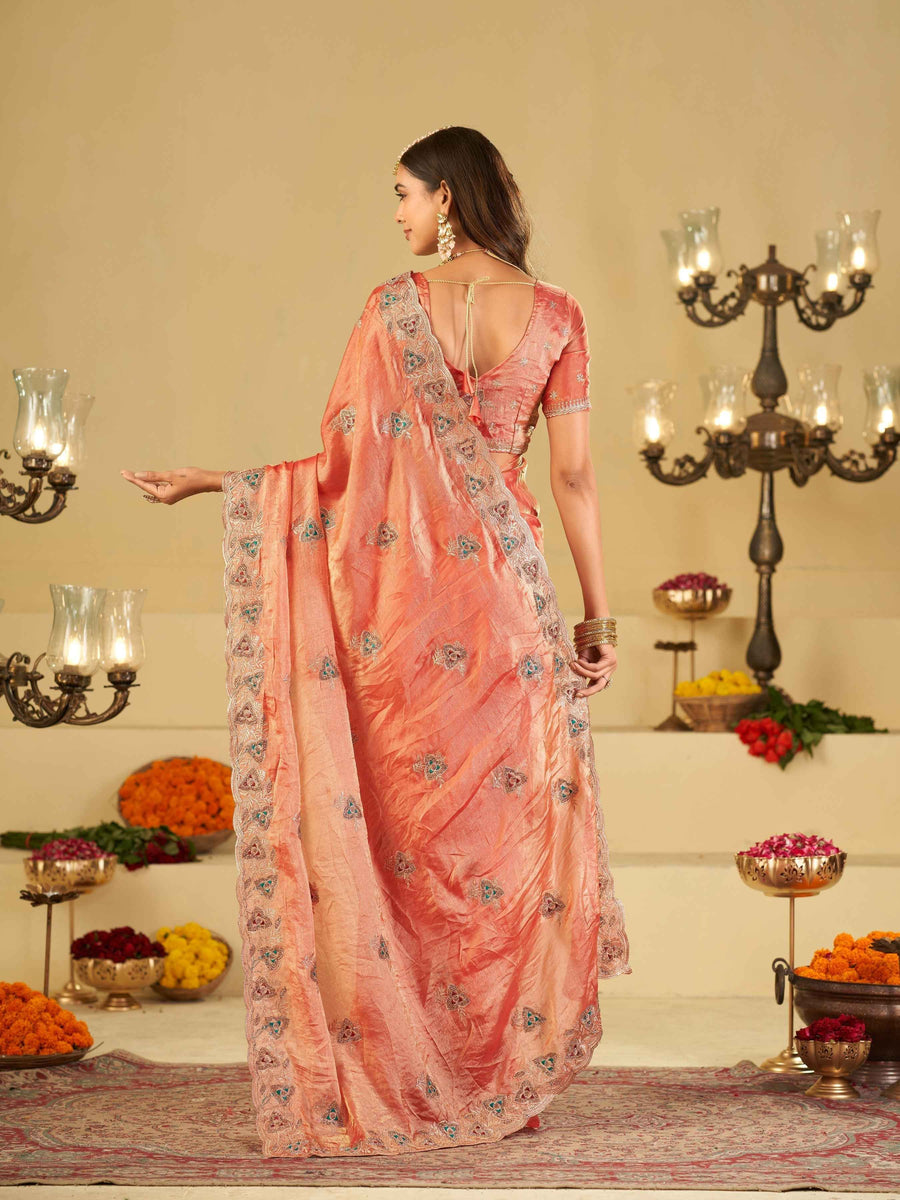 Peach Pink Designer Fendy Satin Saree with Heavy Embroidered Border | Party Wear Ethnic Saree with Intricate Embroidery & Matching Blouse