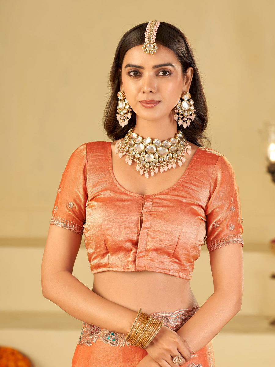 Peach Designer Fendy Satin Saree with Heavy Embroidered Border | Festive Party Wear Saree with Intricate Embroidery & Matching Blouse