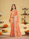 Peach Designer Fendy Satin Saree with Heavy Embroidered Border | Festive Party Wear Saree with Intricate Embroidery & Matching Blouse