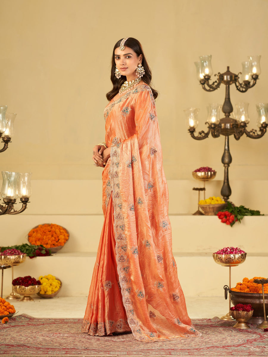Peach Designer Fendy Satin Saree with Heavy Embroidered Border | Festive Party Wear Saree with Intricate Embroidery & Matching Blouse