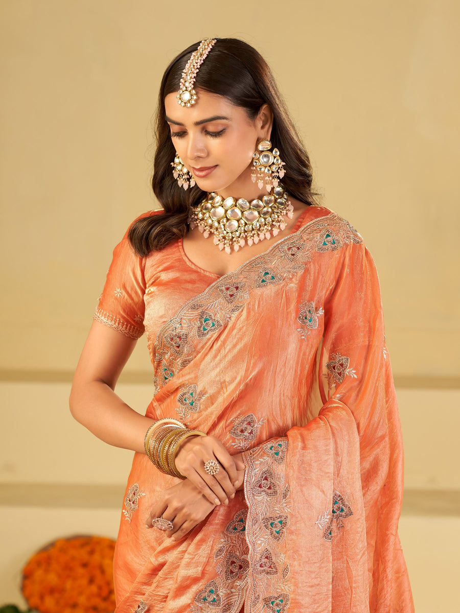 Peach Designer Fendy Satin Saree with Heavy Embroidered Border | Festive Party Wear Saree with Intricate Embroidery & Matching Blouse