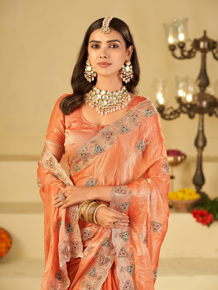 Peach Designer Fendy Satin Saree with Heavy Embroidered Border | Festive Party Wear Saree with Intricate Embroidery & Matching Blouse