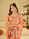 Peach Designer Fendy Satin Saree with Heavy Embroidered Border | Festive Party Wear Saree with Intricate Embroidery & Matching Blouse