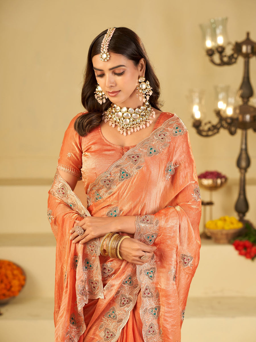 Peach Designer Fendy Satin Saree with Heavy Embroidered Border | Festive Party Wear Saree with Intricate Embroidery & Matching Blouse