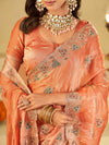 Peach Designer Fendy Satin Saree with Heavy Embroidered Border | Festive Party Wear Saree with Intricate Embroidery & Matching Blouse