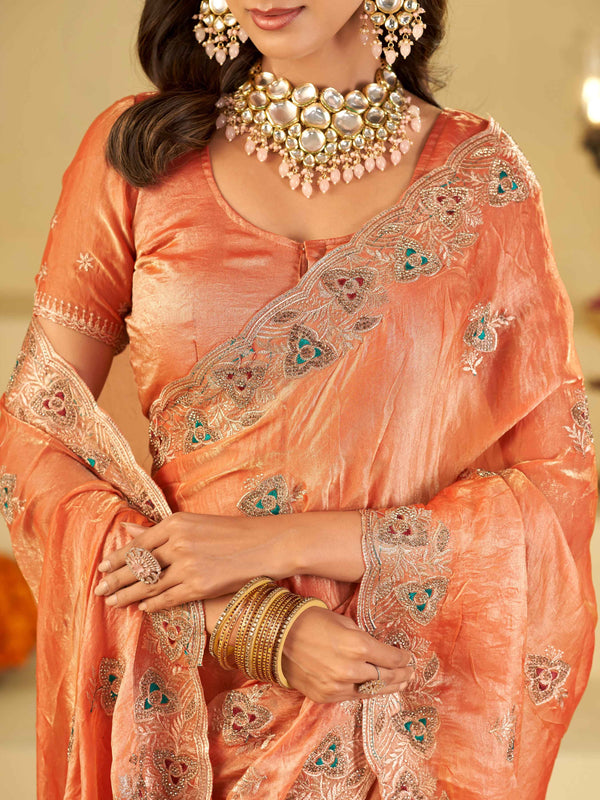 Peach Designer Fendy Satin Saree with Heavy Embroidered Border | Festive Party Wear Saree with Intricate Embroidery & Matching Blouse