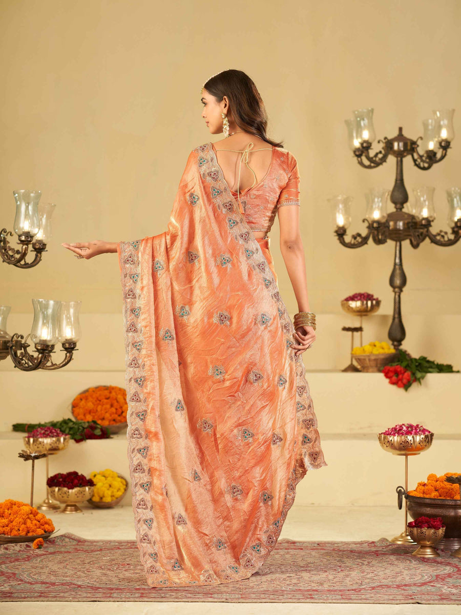 Peach Designer Fendy Satin Saree with Heavy Embroidered Border | Festive Party Wear Saree with Intricate Embroidery & Matching Blouse