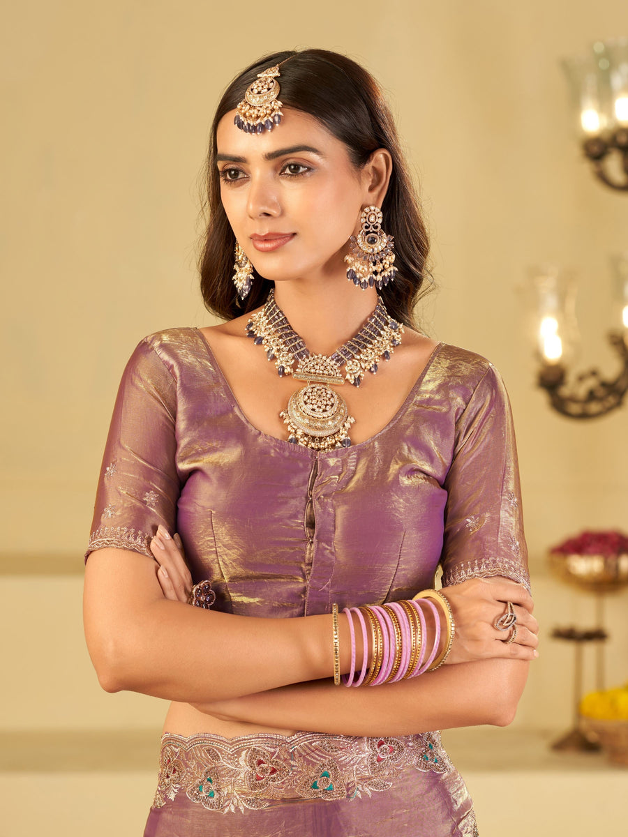 Lavender Designer Fendy Satin Saree with Heavy Embroidered Border | Party Wear Festive Saree with Intricate Embroidery & Matching Blouse