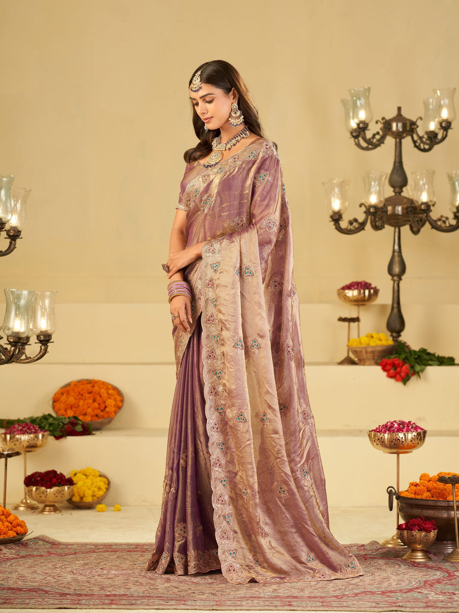 Lavender Designer Fendy Satin Saree with Heavy Embroidered Border | Party Wear Festive Saree with Intricate Embroidery & Matching Blouse