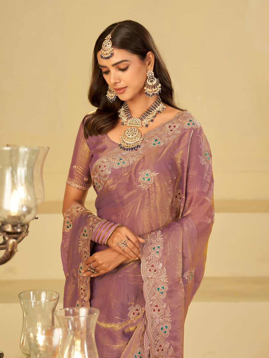Lavender Designer Fendy Satin Saree with Heavy Embroidered Border | Party Wear Festive Saree with Intricate Embroidery & Matching Blouse