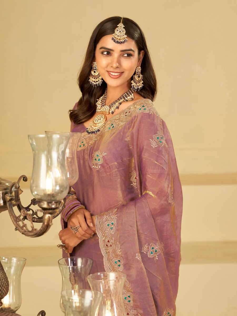 Lavender Designer Fendy Satin Saree with Heavy Embroidered Border | Party Wear Festive Saree with Intricate Embroidery & Matching Blouse