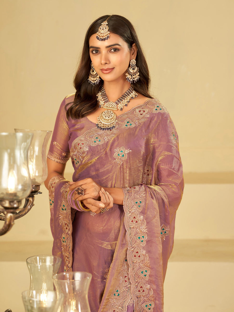 Lavender Designer Fendy Satin Saree with Heavy Embroidered Border | Party Wear Festive Saree with Intricate Embroidery & Matching Blouse