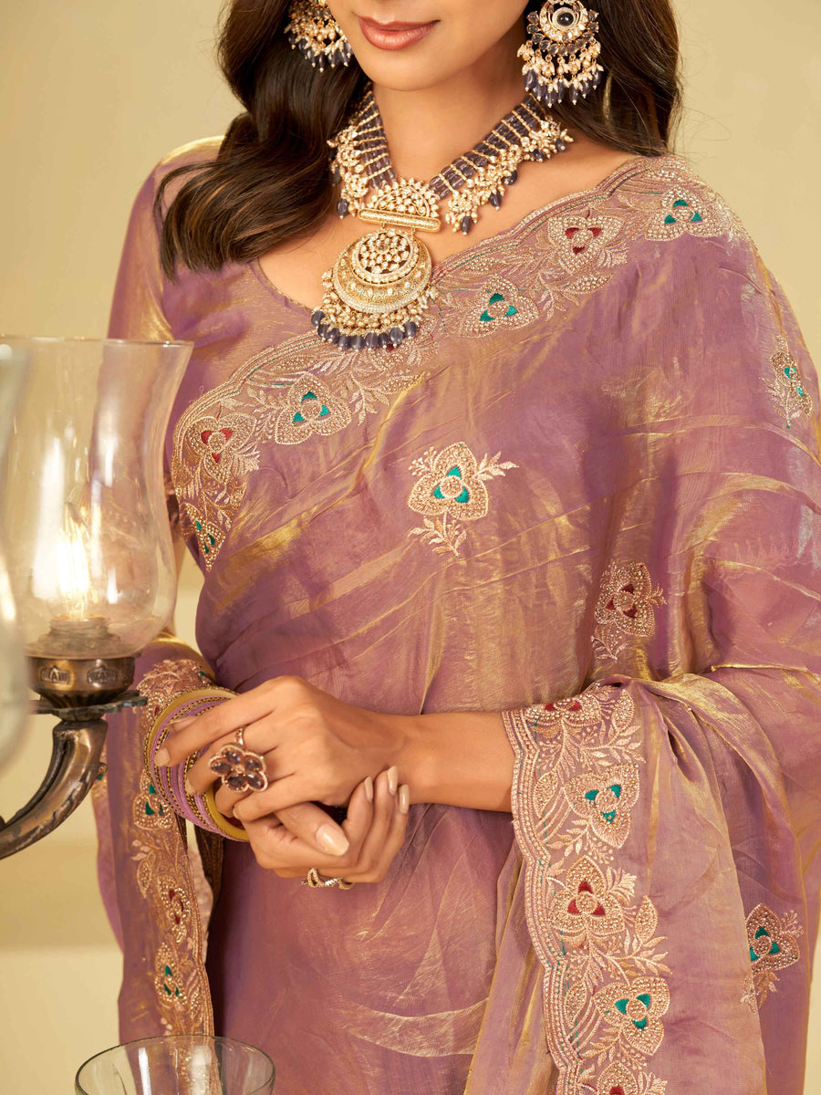Lavender Designer Fendy Satin Saree with Heavy Embroidered Border | Party Wear Festive Saree with Intricate Embroidery & Matching Blouse