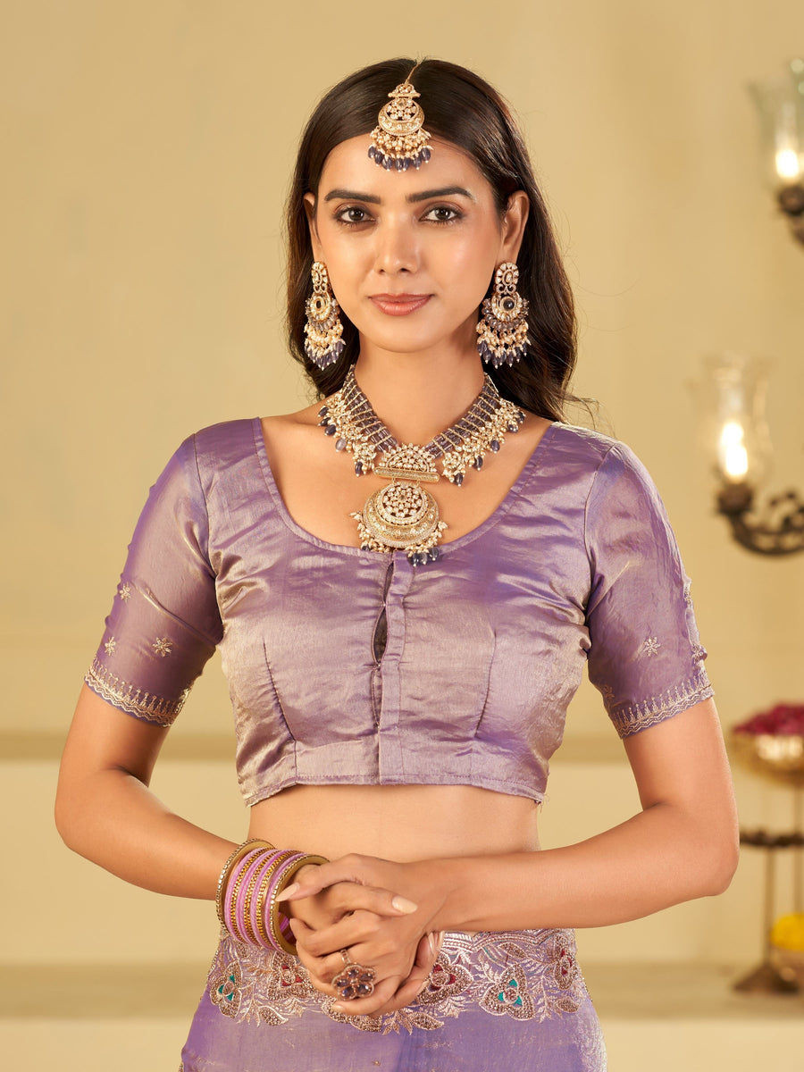 Pastel Lavender Designer Fendy Satin Saree with Heavy Embroidered Border | Party Wear Festive Saree with Intricate Embroidery & Matching Blouse